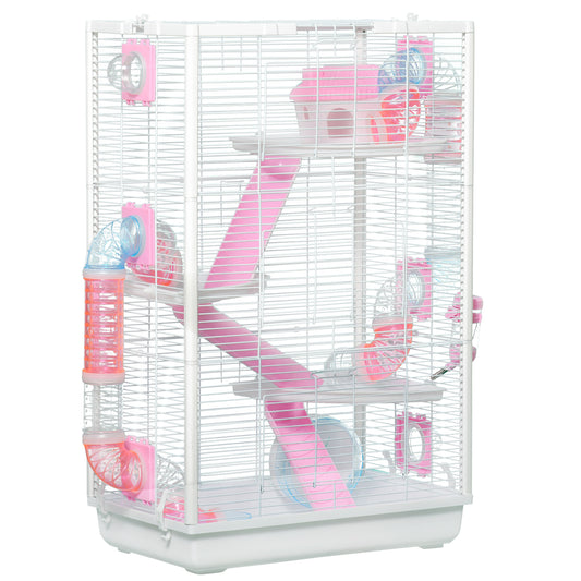 PawHut Hamster Cage, Gerbil Cage w/ Tubes, Exercise Wheel, Hut, Ramps, Platforms, 47 x 29.5 x 76cm - White