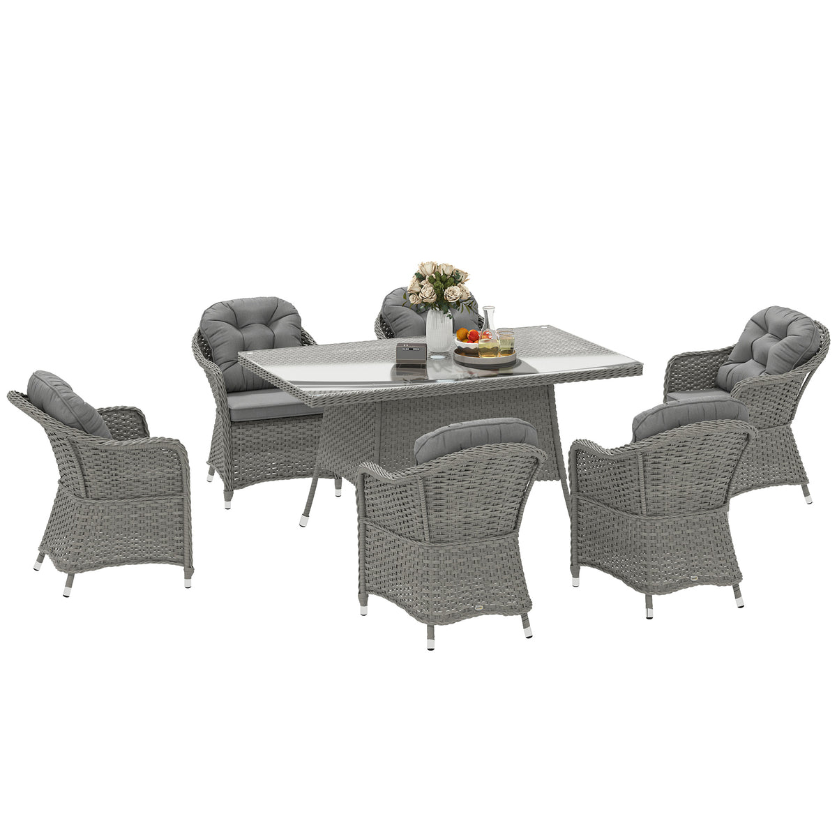 Outsunny 6 Seater Rattan Dining Set with Seat and Back Cushions, PE Rattan Garden Furniture Set, Outdoor Dining Table and Chairs, Rectangular Glass Top Table with Umbrella Hole, Light Grey