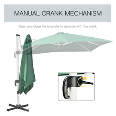 Outsunny 3 x 3(m) Cantilever Roma Parasol, Square Garden Umbrella with Cross Base, Crank Handle, Tilt, 360√Ç¬∞ Rotation and Aluminium Frame, Green