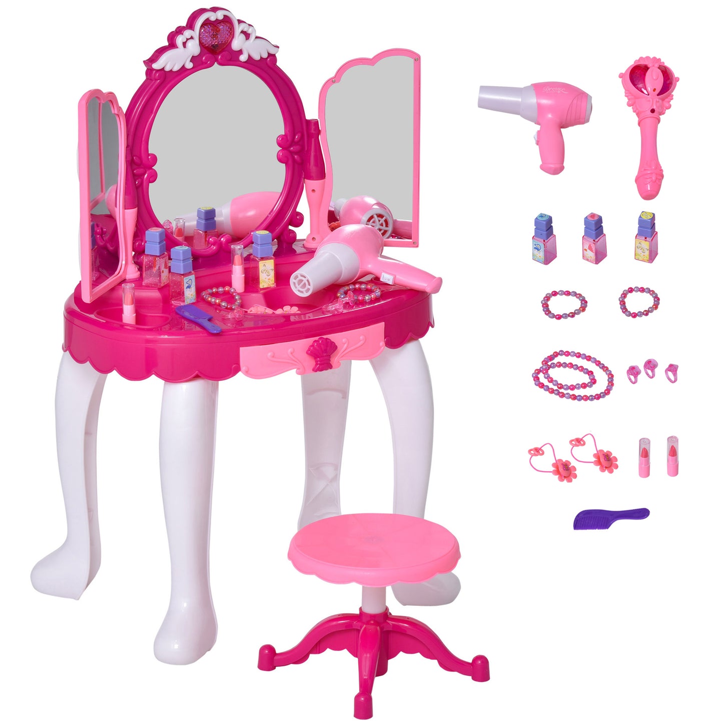 HOMCOM 26 Pcs Kids Children Vanity Dressing Table Magic Glamour Princess Mirror Makeup Table Stool Set w/ Beauty Kit Lights Music Jewellery Pretend Toy Fuchsia