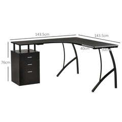 HOMCOM L-Shaped Computer Desk Table with Storage Drawer, Home Office Desk Corner Industrial Style Workstation for A4 Files 143.5 x 143.5 x 76cm, Black