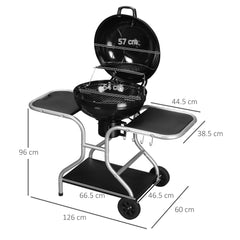 Outsunny Portable Charcoal Kettle Grill Outdoor Barbecue Trolley BBQ Heat Smoker Grilling with 2 Wheels, Storage Shelf and 4 Hooks, Free Standing, Black