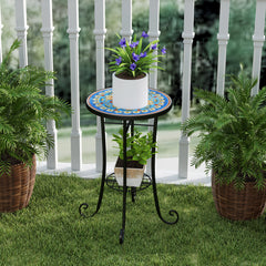 Outsunny Mosaic Garden Table, 35.5 cm Round Outdoor Table with Shelf, Ceramic Tile Top, Small Garden Side Table Bistro Table End Table Plant Stand for Indoor, Patio, Balcony, Blue