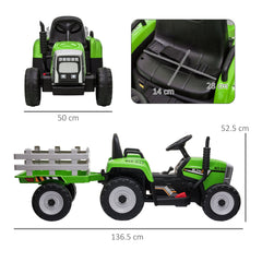 HOMCOM Ride On Tractor, Battery Powered Electric Car, with Detachable Trailer, Remote Control, Music - Green