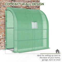 Outsunny Walk-In Lean to Wall Greenhouse with Windows and Doors, Outdoor Green House with 3 Tiers 4 Wired Shelves, 200L x 100W x 215Hcm, Green