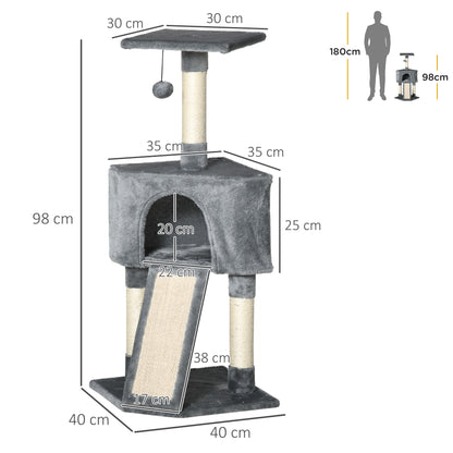 PawHut Corner Cat Tree for Indoor Cats, Kitten Tower with Scratching Post House Ladder Toy - Grey