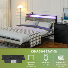 HOMCOM Double Steel Bed Frame, with LED Lights and Headboard Shelf - Grey