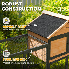 PawHut Wooden Rabbit Hutch Outdoor with Steel Run, Wooden Guinea Pig Cage with Removable Plastic Tray, Asphalt Roof, Ramp