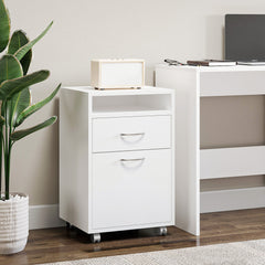 HOMCOM 60cm Filing Cabinet with Drawer, Open Shelf, Metal Handles and 4 Wheels, Office Home Organiser Mobile Printer, White