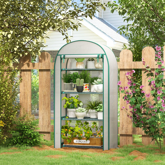 Outsunny 4 Tier Mini Greenhouse for Outdoor, Portable Gardening Plant Green House with Storage Shelf, Roll-Up Zipped Door, Metal Frame and PE Cover, 80 x 49 x 160cm, White