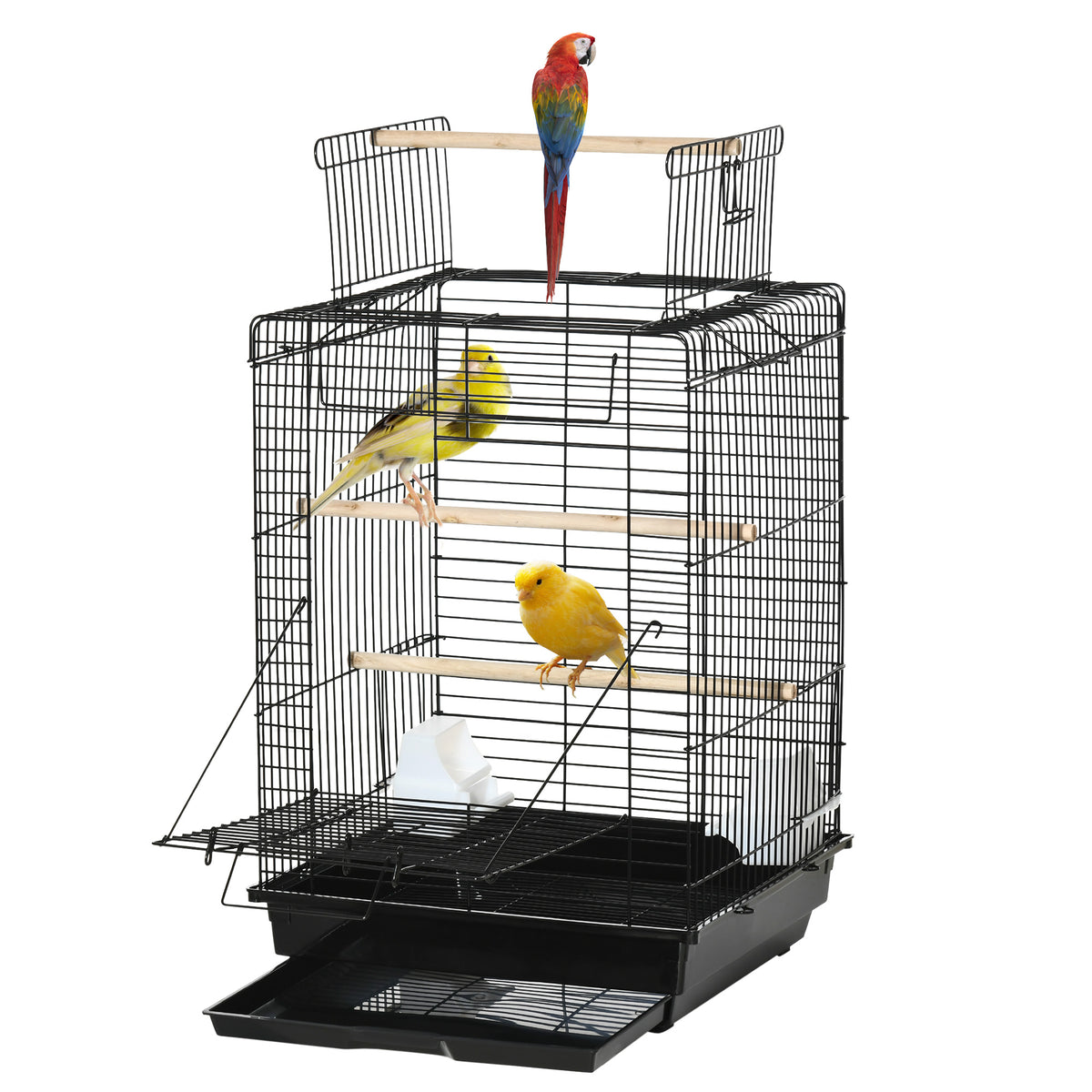 PawHut Steel Bird Cage with Openable Top, Stand, Tray, Handles, Feeding Bowls for Parakeet, Finch - Black