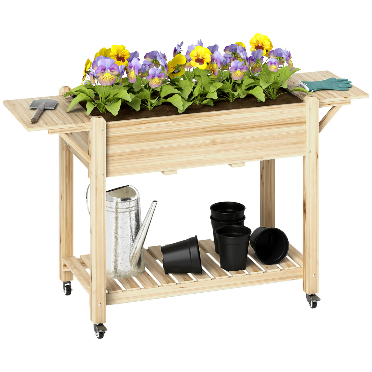 Outsunny 46 x 94cm Wooden Raised Planter, with Shelves - Natural Finish