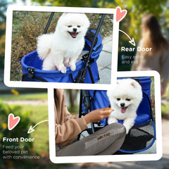 PawHut Dog Pram Dog Stroller Foldable Pet Pushchair with 4 Wheels, Safety Leashes, Cup Holder for Small Dogs, Blue