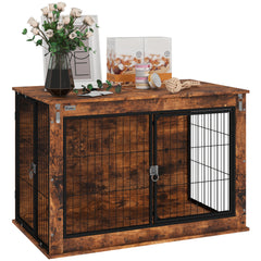 PawHut Dog Crate Furniture with Flip-up Top, 2 Doors, for Large Dogs, 98 x 60 x 65.5cm, Rustic Brown