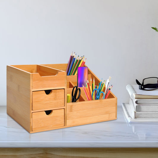 HOMCOM Desk Organiser Holder, Bamboo Multi-Function Storage Caddy with 7 Storage Compartments and 2 Drawers for Home Office Stationary Supplies, Natural Bamboo