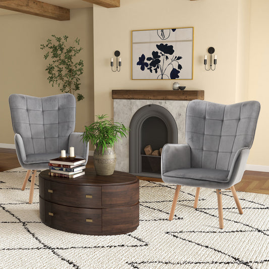 كرسي HOMCOM Modern Accent Chair بذراعين مبطن ومبطن بجناحين ومبطن بلمسة مخملية مع أرجل خشبية، مجموعة من قطعتين، باللون الرمادي