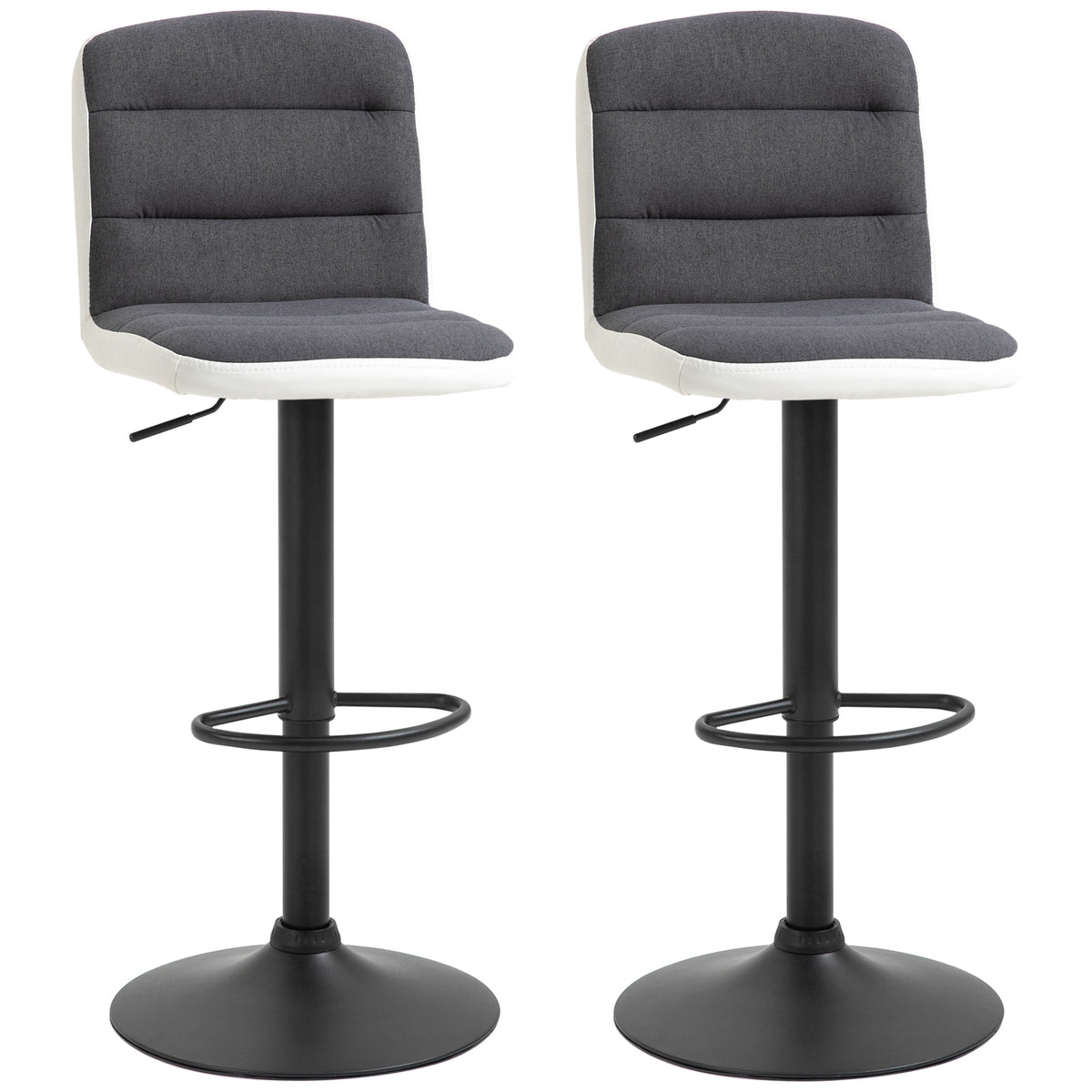 HOMCOM Bar Stools Set of 2, Height Adjustable Bar Chairs in Fabric and Faux Leather, 360√Ç¬∞ Swivel Kitchen Stool with Backrest and Footrest, Dark Grey