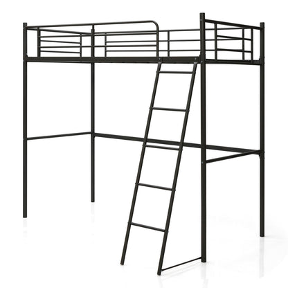 Metal Loft Bed with Integrated Ladder and Full-length Guardrails-Black