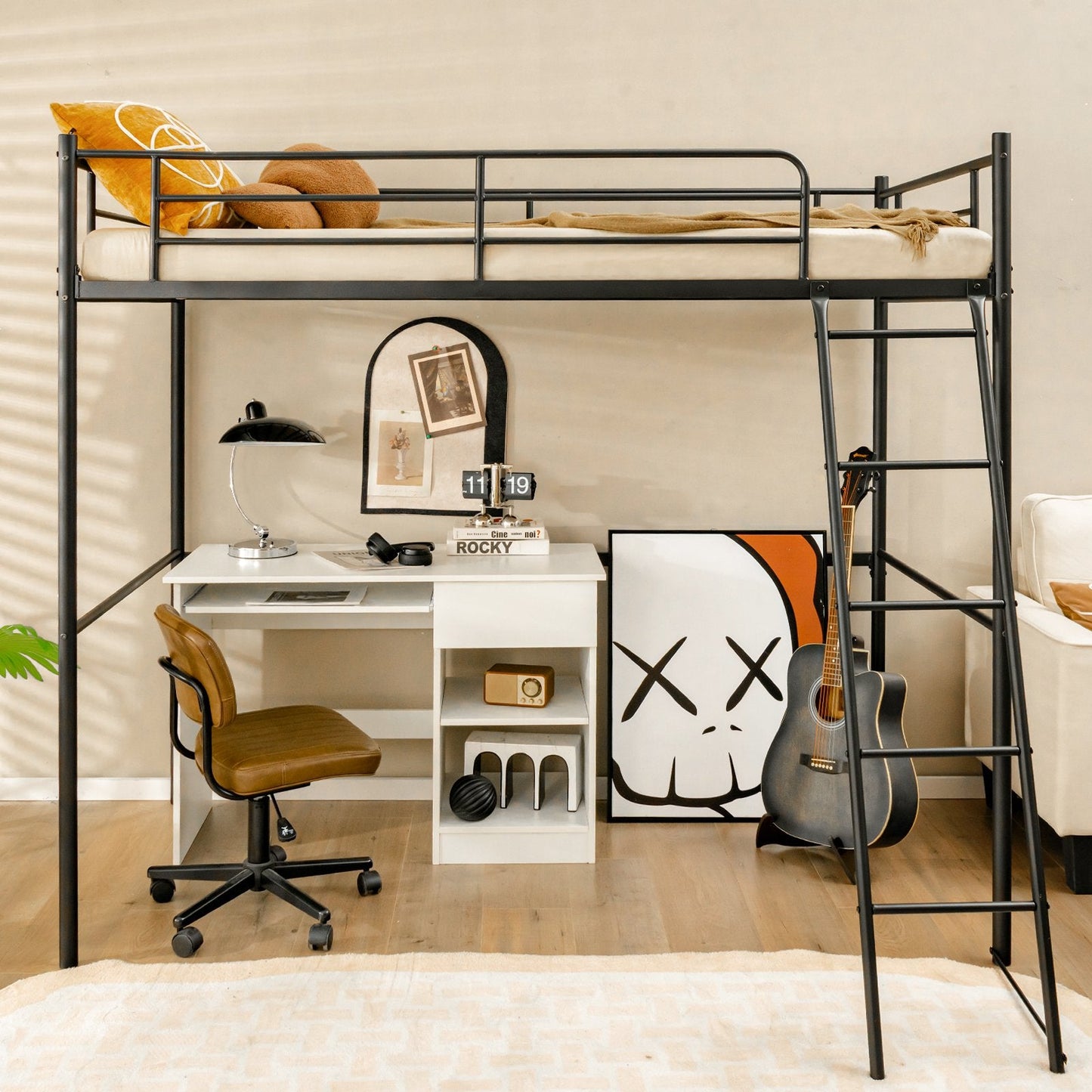 Metal Loft Bed with Integrated Ladder and Full-length Guardrails-Black