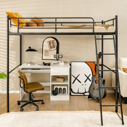 Metal Loft Bed with Integrated Ladder and Full-length Guardrails-Black