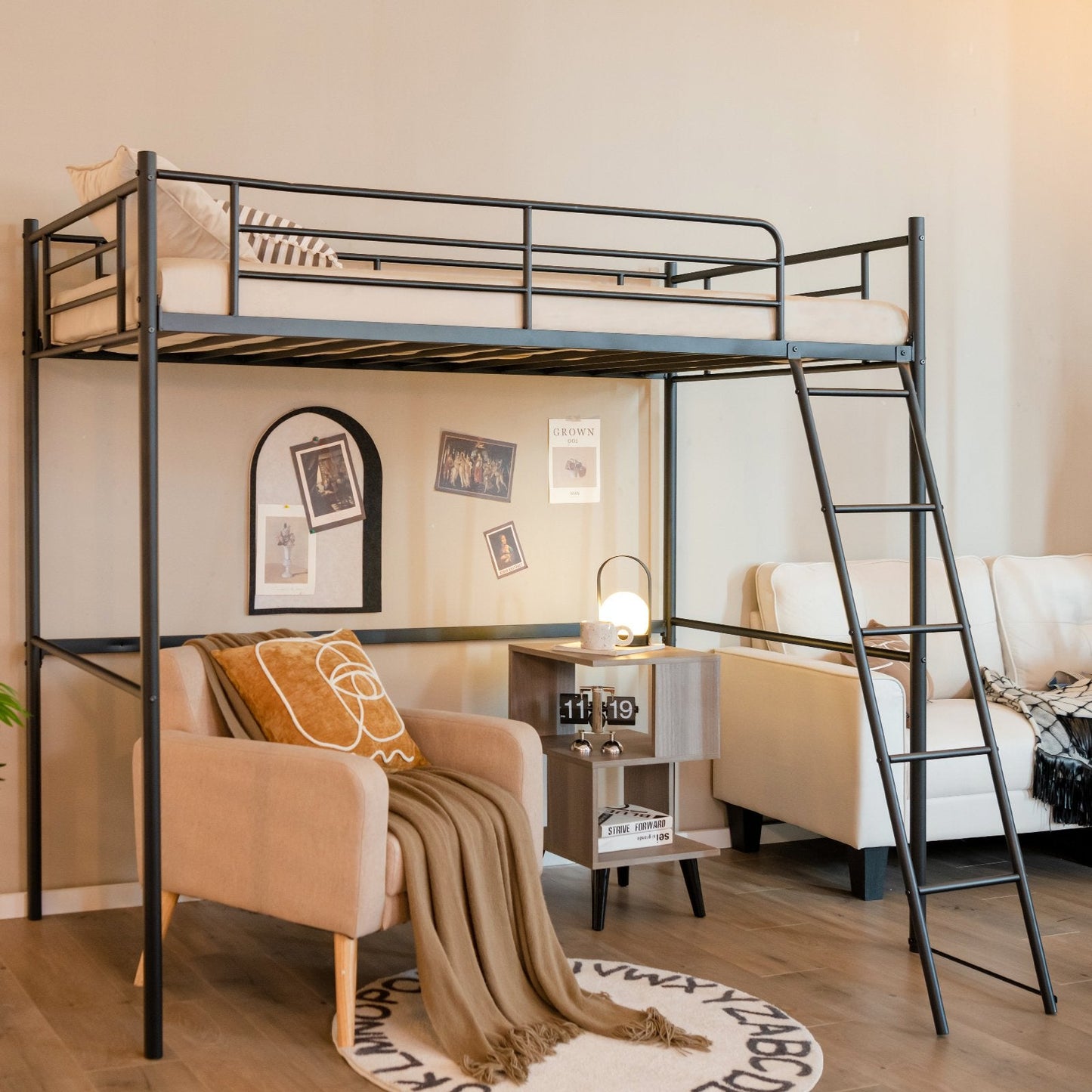 Metal Loft Bed with Integrated Ladder and Full-length Guardrails-Black