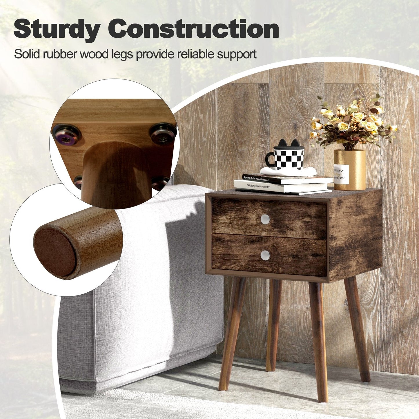 Wooden Nightstand with 2 Storage Drawers and Rubber Wood Legs-Rustic Brown