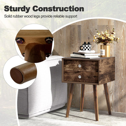 Wooden Nightstand with 2 Storage Drawers and Rubber Wood Legs-Rustic Brown