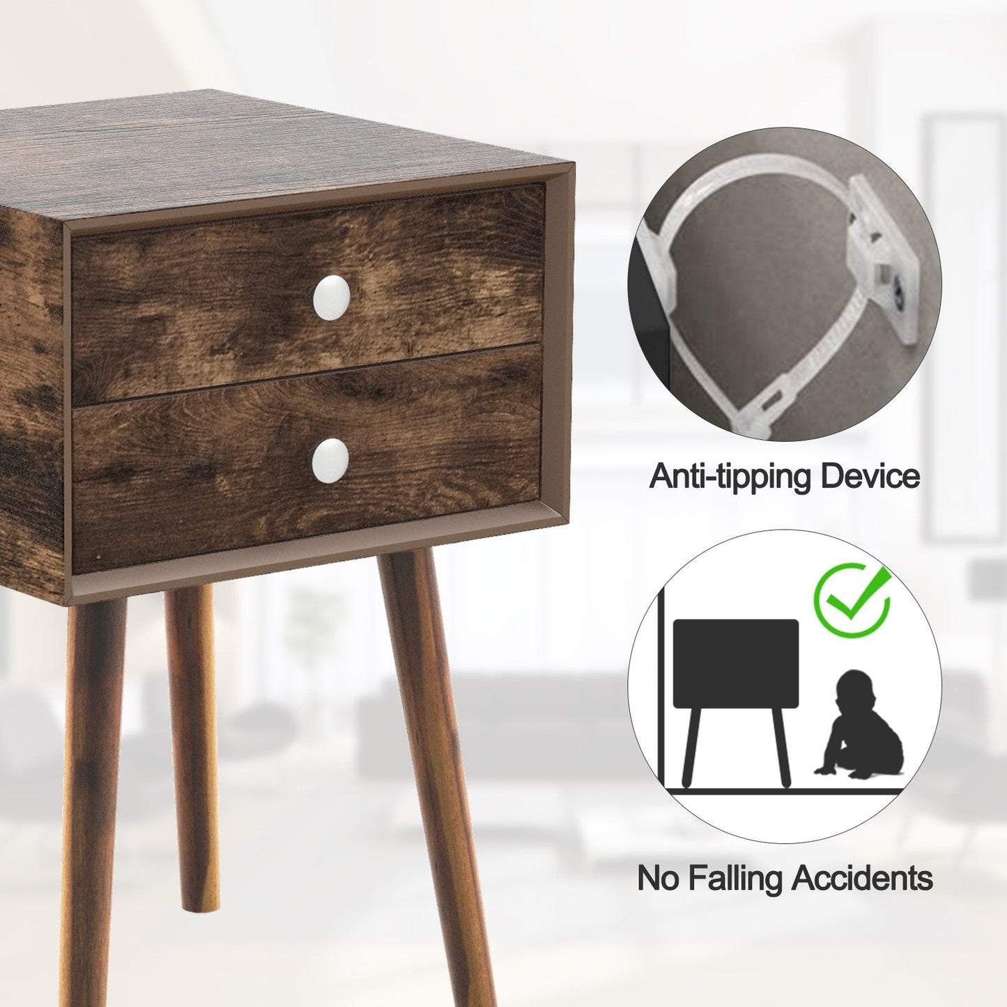 Wooden Nightstand with 2 Storage Drawers and Rubber Wood Legs-Rustic Brown