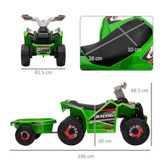 HOMCOM 6V Quad Bike with Back Trailer, Wear-Resistant Wheels, for Ages 18-36 Months, Green