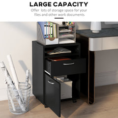 HOMCOM 60cm Filing Cabinet with Drawer, Open Shelf, Metal Handles and 4 Wheels, Office Home Organiser Mobile Printer, Black