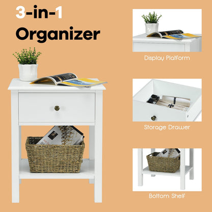 Bedside Table with Drawer and Storage Shelf-White
