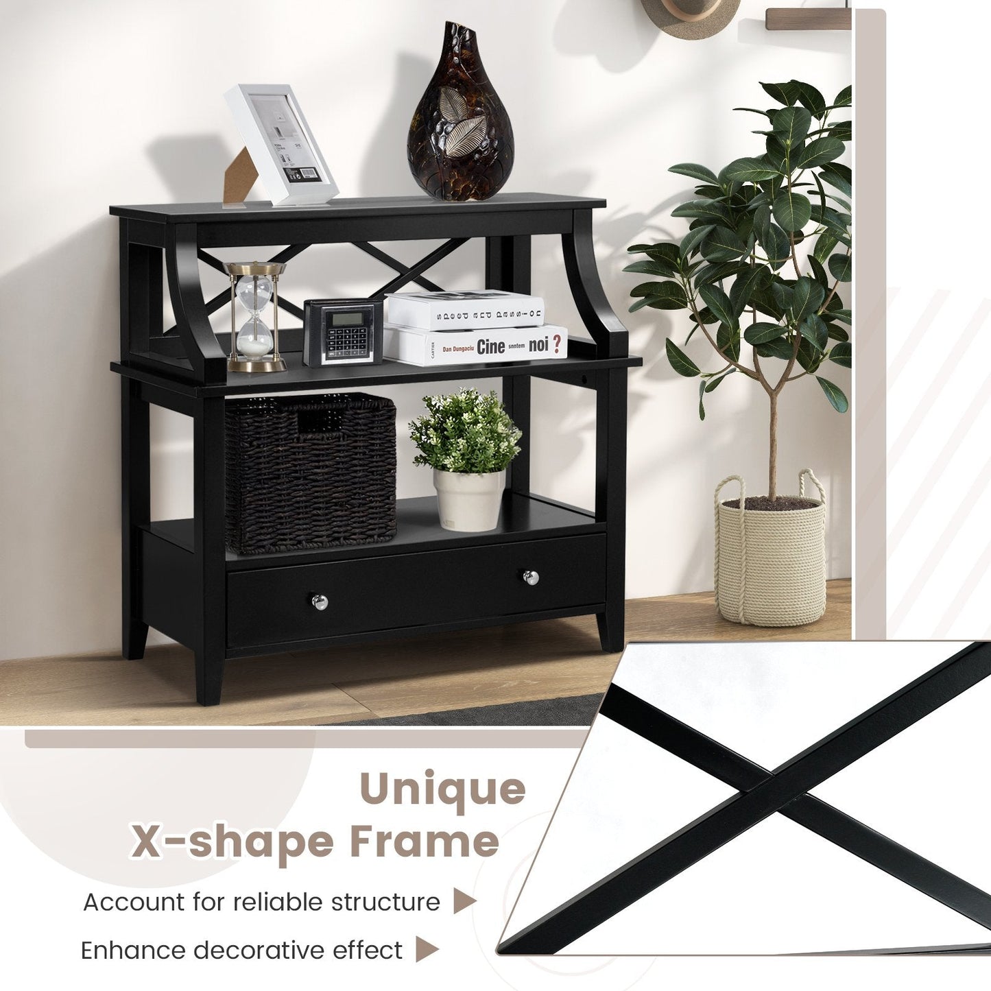 3 Tier Console Table with a Large Drawer for Living Room-Black