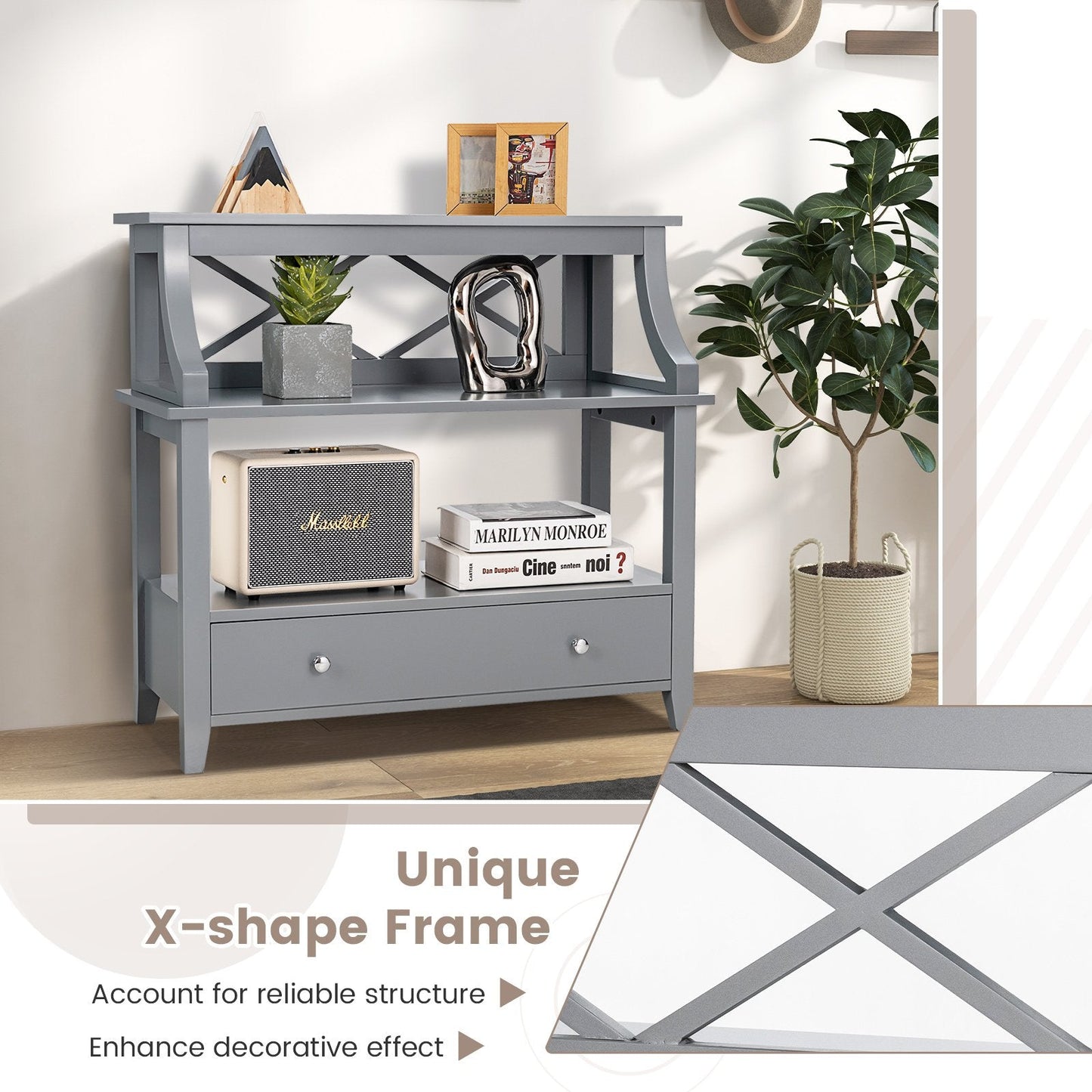 3-Tier X-Shaped Console Table with Drawer and Open Storage Shelves-Grey