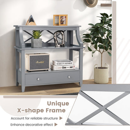 3-Tier X-Shaped Console Table with Drawer and Open Storage Shelves-Grey