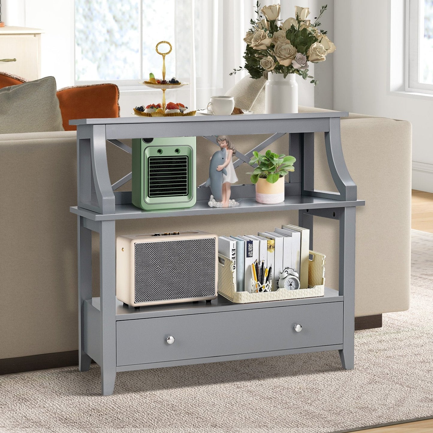 3-Tier X-Shaped Console Table with Drawer and Open Storage Shelves-Grey