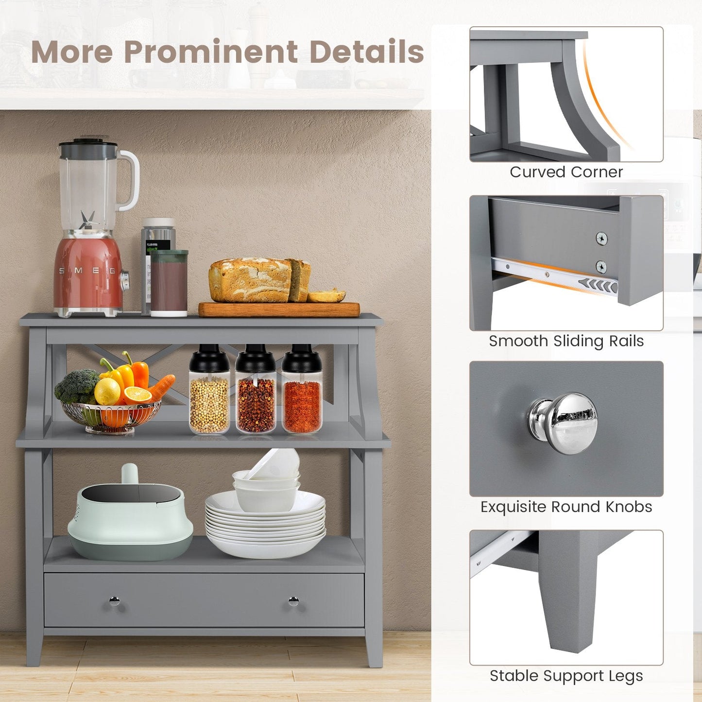 3-Tier X-Shaped Console Table with Drawer and Open Storage Shelves-Grey