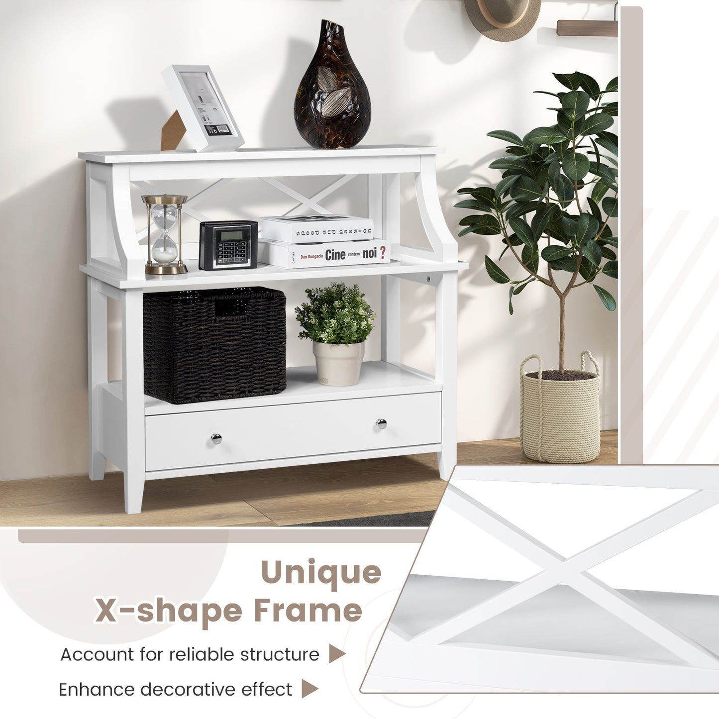 3 Tier Console Table with a Large Drawer for Living Room-White