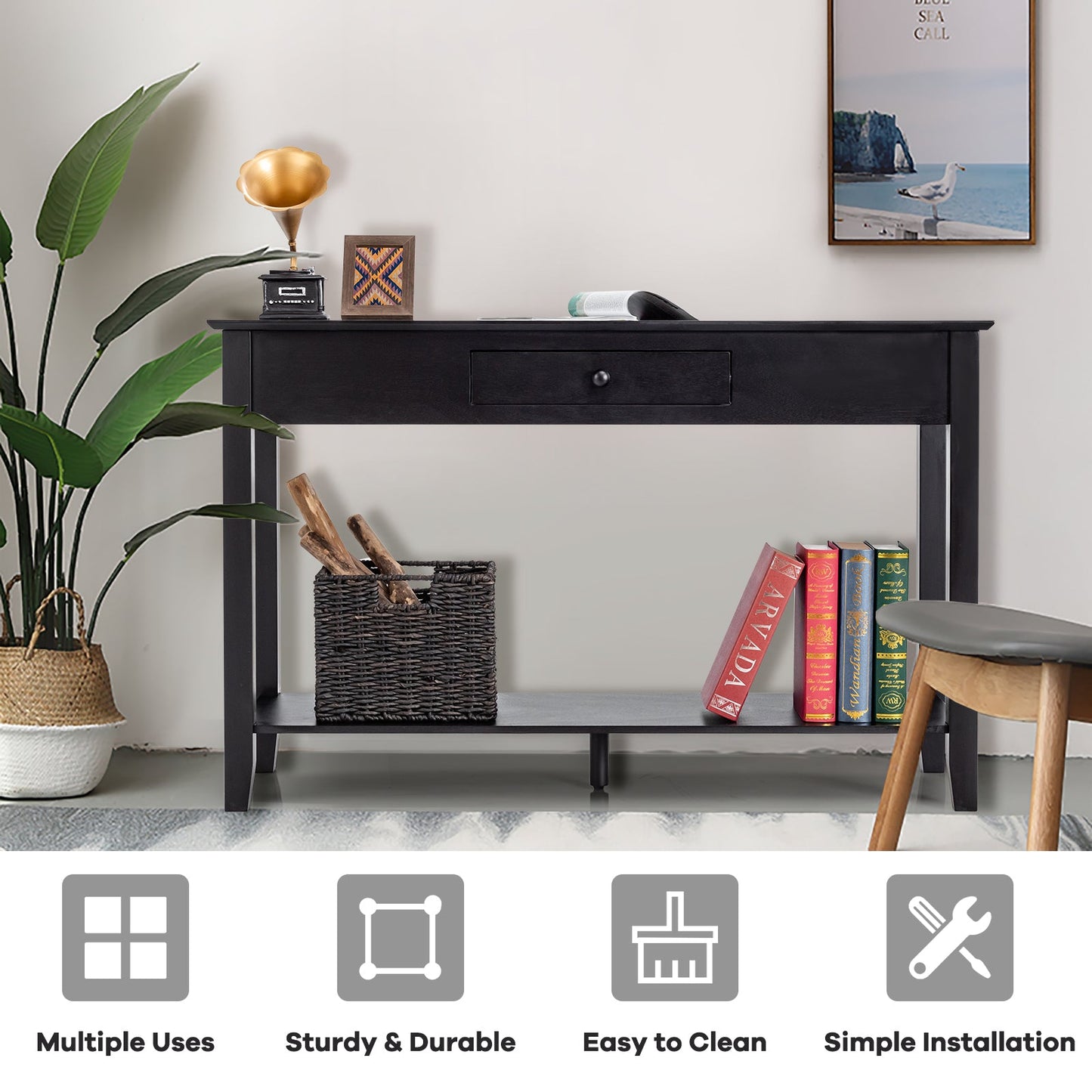 2-Tier Wooden Console Table with Drawer-Black