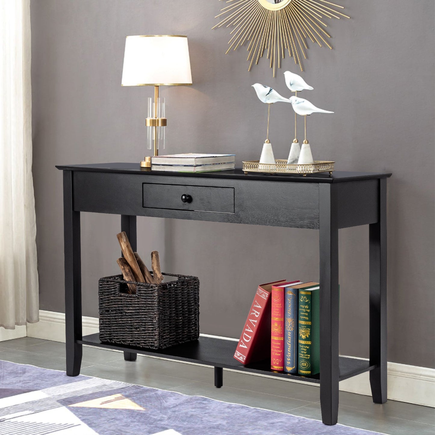 2-Tier Wooden Console Table with Drawer-Black