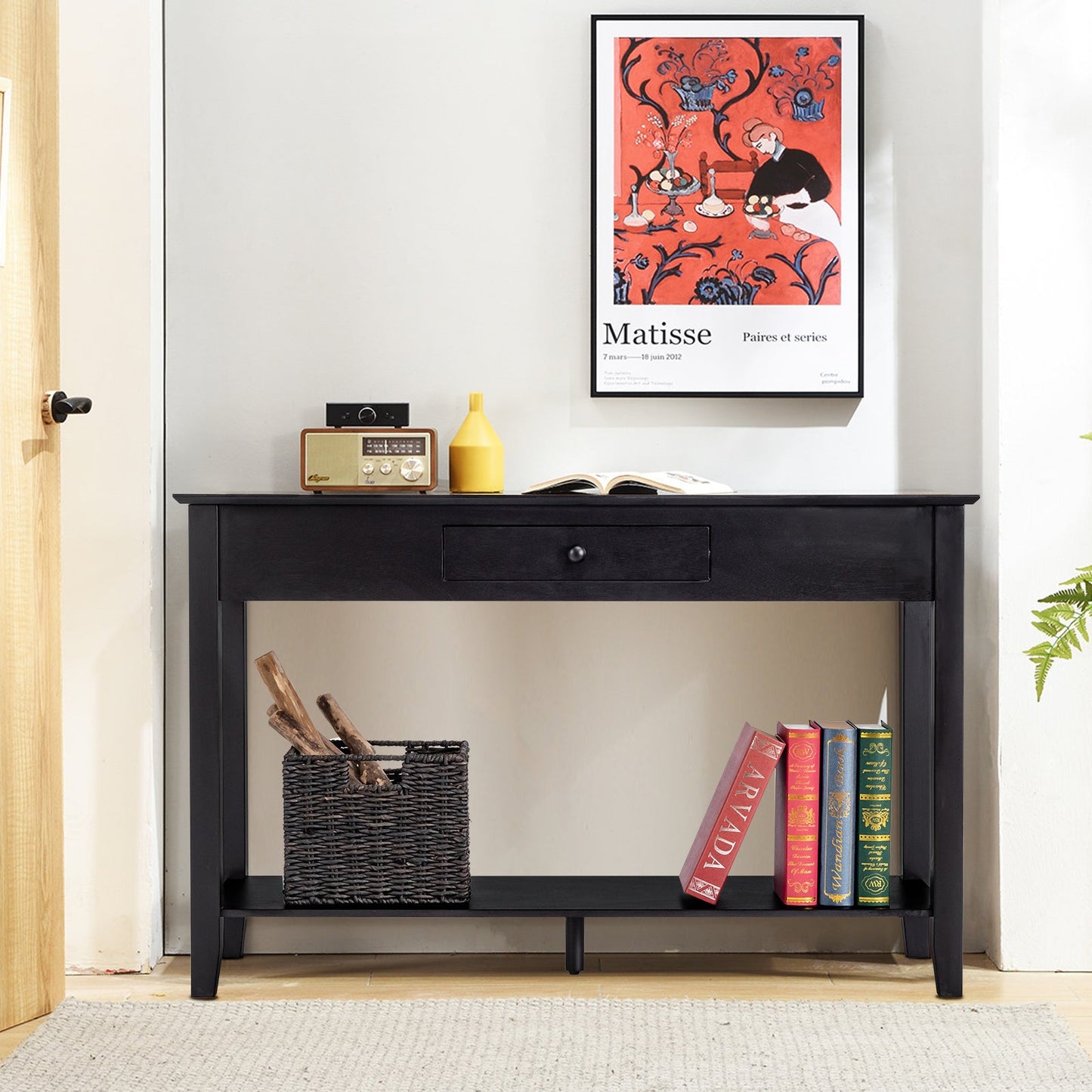 2-Tier Wooden Console Table with Drawer-Black
