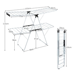 2-Level Foldable Clothes Drying Rack with Adjustable Gullwing