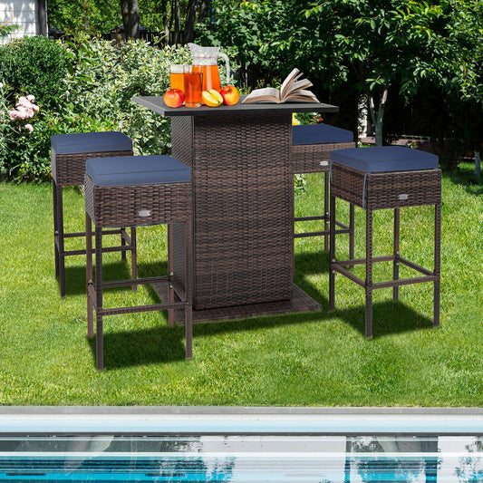 5-Piece Garden Bar Set with 2 Storage Shelves and Cushions-Navy