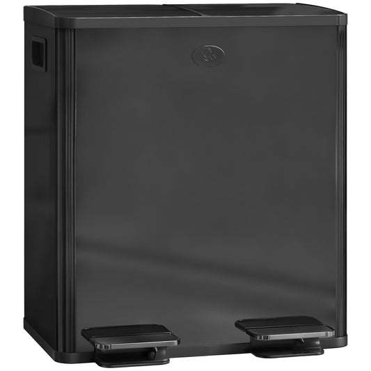 HOMCOM 40L Dual Compartment Stainless Steel Bin, with Deodoriser Holders - Glossy Black