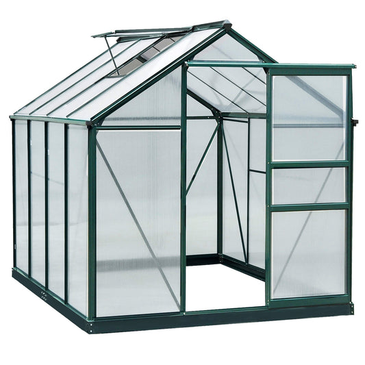 Outsunny 6 x 8ft Polycarbonate Greenhouse, Large Walk-In Green House with Slide Door and Window, Garden Plants Grow House with Aluminium Frame and Foundation, Dark Green