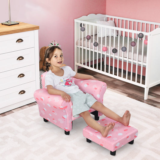 HOMCOM Toddler Chair Children's Armchairs Wood Frame w/ Footrest Anti-Slip Legs High Back Arms for Bedroom Playroom Cute Cloud Star Pink