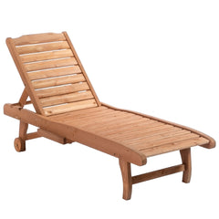 Outsunny Outdoor Wooden Lounger Chair, Sun Bed with Built-In Table, Adjustable Backrest and Wheels, Red Brown