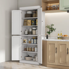 HOMCOM Freestanding Kitchen Cupboard with 4 Doors, Storage Cabinet with 6-Tier Shelving and 4 Adjustable Shelves, White