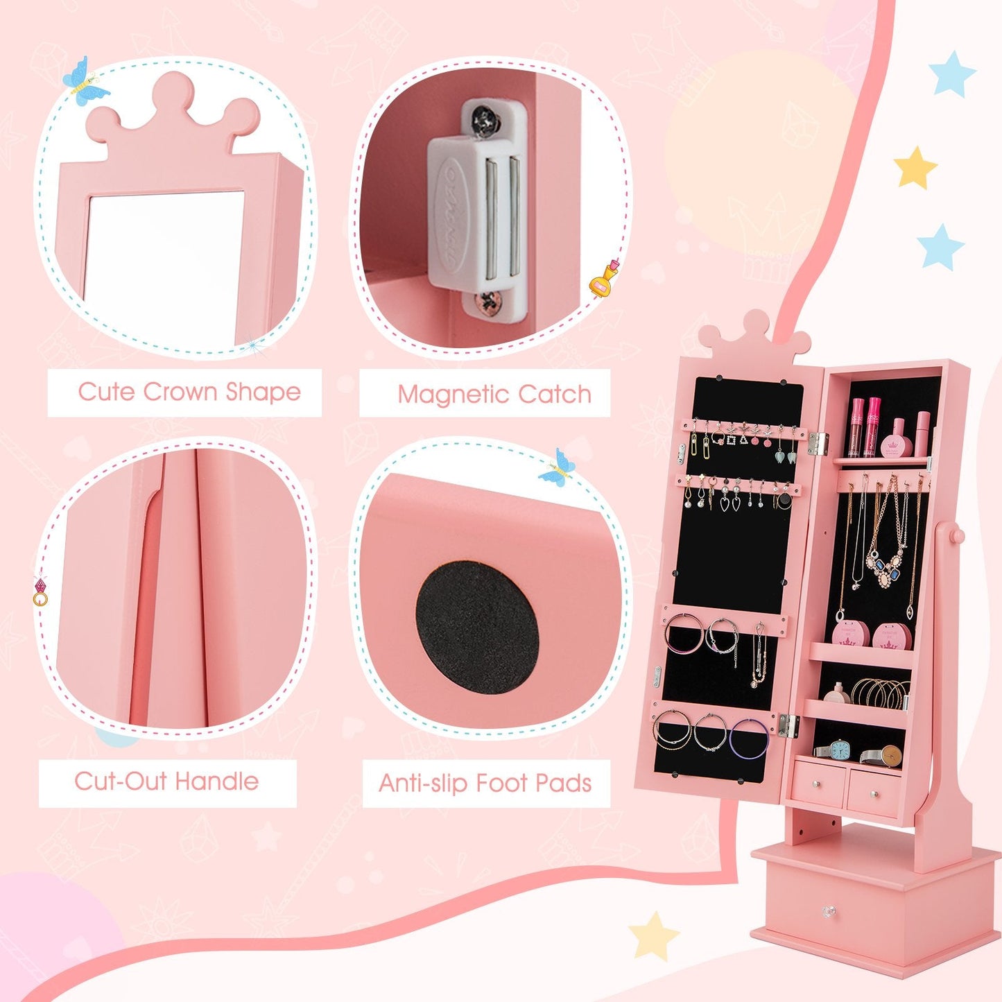Kids Jewelry Cabinet Armoire with Full Length Mirror and 3 Storage Drawers-Pink
