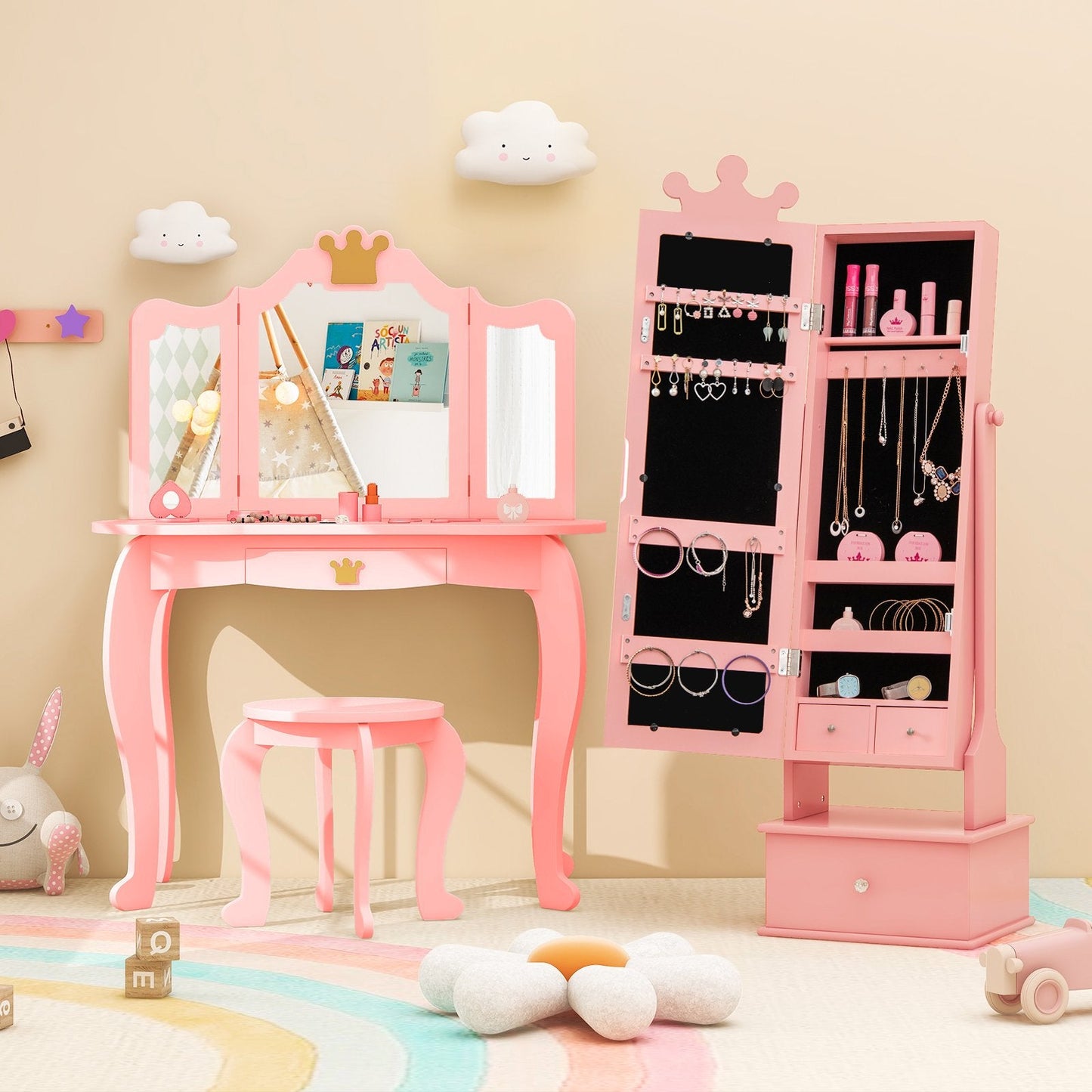 Kids Jewelry Cabinet Armoire with Full Length Mirror and 3 Storage Drawers-Pink