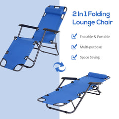 Outsunny 2 Pieces 2 in 1 Sun Lounger Folding Reclining Chair Garden Outdoor Camping Adjustable Back with Pillow, Blue